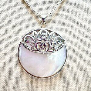 Sterling Silver 925 Mother of Pearl Scroll Pendant Necklace Size 23.5" Length